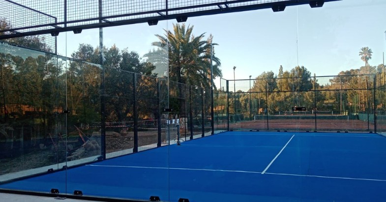 Outdoor Panoramic padel court with blue surface